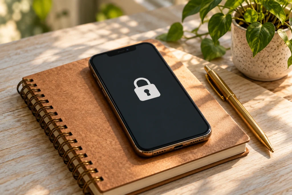A smartphone with a padlock icon beside a notebook, representing digital privacy and phone monitoring in an abusive relationship