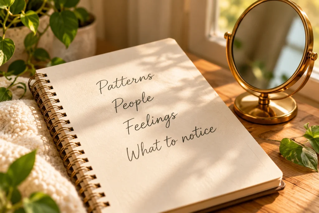 An open journal with handwritten notes about patterns, people, and feelings to notice, representing recognizing emotional abuse
