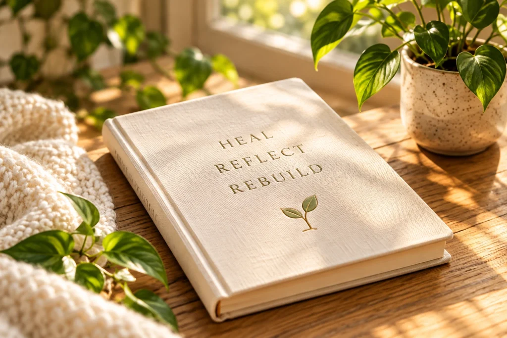A healing journal with a plant beside it, representing rebuilding self-trust after gaslighting